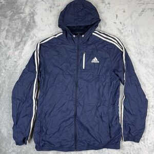 Adidas Men's Navy Blue Hooded Track Jacket Windbreaker Full Zip White Stripes XL